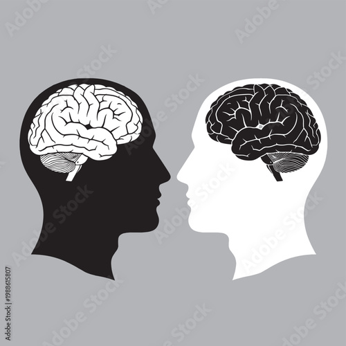 Two human heads facing each other with visible brains, symbolizing opposing thoughts and mental duality