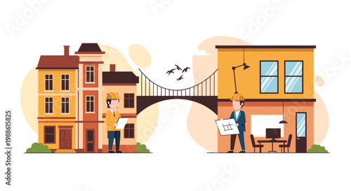 Two professional engineers in hard hats evaluate architectural plans for two distinct buildings connected by a bridge in a clean and modern design layout.