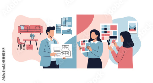 A male interior designer presents a detailed floor plan while two female colleagues analyze vibrant color swatches and fabric samples in a bright studio.