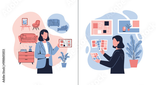 A female interior designer holds a framed layout while her colleague examines a mood board of color palettes and furniture in a light-filled workspace.