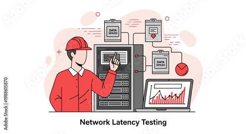 A technician wearing a red hard hat points at a server rack while a laptop displays a rising network latency graph in a clean and bright data center.