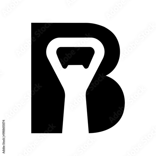 Black and White Icon of a Bottle Opener with a Bold Letter B Design in Minimalist Style