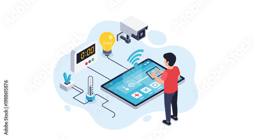 A man uses a digital tablet to control smart home devices including a camera, light bulb, thermometer, and digital clock in a sleek modern environment.