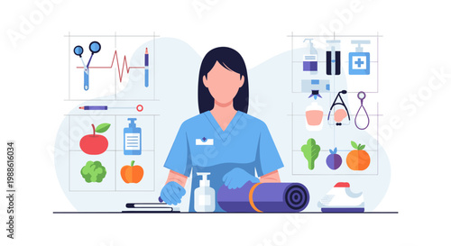 A healthcare professional in blue scrubs organizes medical tools, a yoga mat, and healthy food items on a desk in a clean, soft-toned clinical environment.