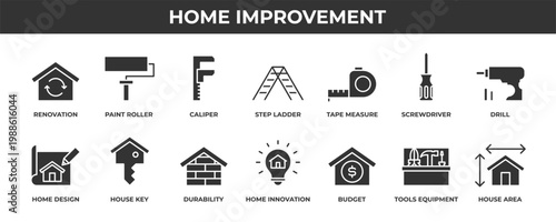 Home improvement icon set. Contains fill icons related to renovation, drill, durability, step ladder, screwdriver, and more.