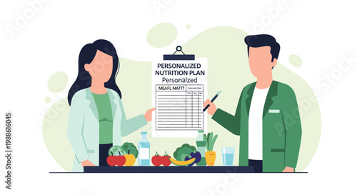 A professional nutritionist and a healthcare assistant review a detailed personalized diet plan while standing behind a table filled with fresh organic produce.