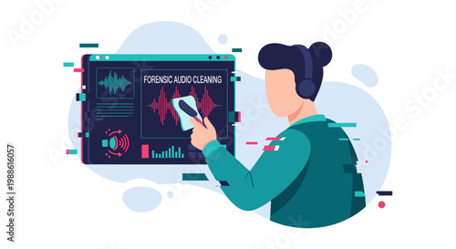 A focused audio engineer uses a soft cloth to clean a digital forensic waveform displayed on a computer screen within a sleek, modern, high-tech studio space.
