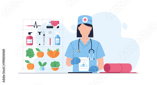 A dedicated nurse in blue scrubs holds a medical chart featuring wellness icons while standing beside a rolled yoga mat in a clean, bright clinical environment.