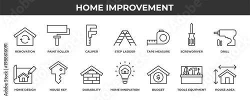 Home improvement icon set. Contains line icons related to renovation, drill, durability, step ladder, screwdriver, and more.