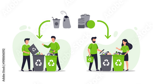 Two pairs of individuals diligently sort household waste into green and grey recycling bins while arrows show the proper disposal flow in a bright setting.