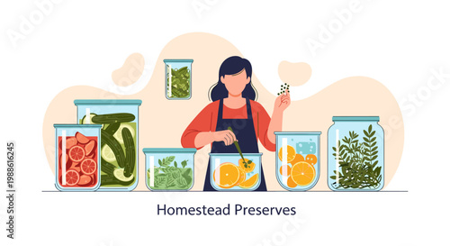 A diligent woman in an apron carefully prepares fresh homemade preserves by placing vibrant citrus slices into glass jars within a warm, rustic kitchen area.