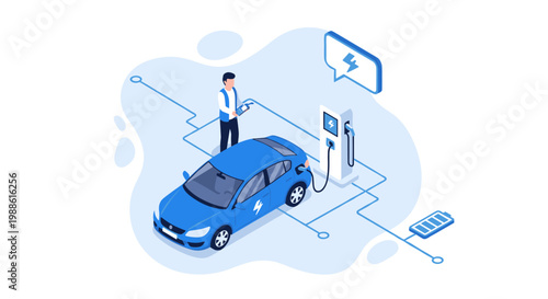 A male operator manages the charging process for a compact blue electric car at a station with a floating lightning bolt icon in a crisp, digital environment.