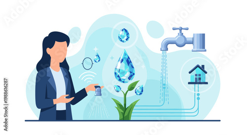 A professional woman in a blazer gestures toward a glowing water drop icon connected to a faucet and house icon in a clean, bright, and modern digital space.