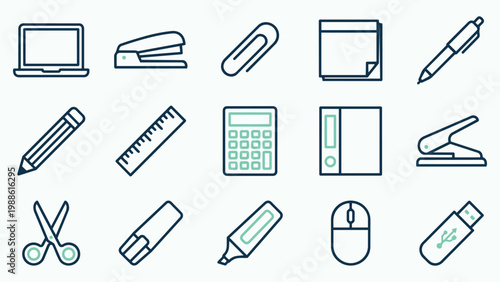 Office Supplies and Stationery Icon Set in Minimalist Line Art Style