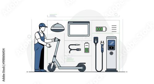 A mechanic in blue overalls inspects an electric scooter with various charging equipment and battery icons displayed on a clean wall in a modern workshop.