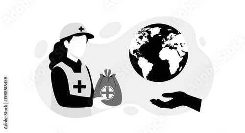 A female aid worker in a uniform holds a donation bag while a large hand reaches out towards a globe in a clean, minimalist, monochrome graphic illustration.