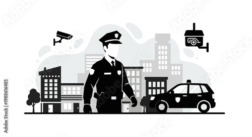 A police officer stands in front of a city skyline with surveillance cameras and a patrol car in a clean, minimalist, monochrome graphic illustration style.