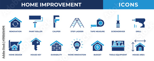 Home improvement icon set. Contains blue icons related to renovation, drill, durability, step ladder, screwdriver, and more.