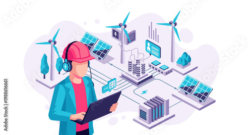A technician wearing a pink hard hat and headphones monitors a complex isometric renewable energy grid with solar panels and wind turbines in a bright space.