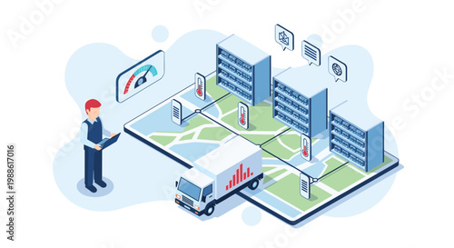 A diligent worker with a laptop monitors server racks and temperature gauges on a digital map in an isometric logistics facility with soft blue accents.