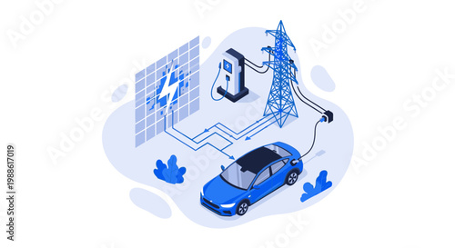A sleek blue electric car charges via a grid of solar panels and a tall transmission tower in a clean isometric environment with soft blue color tones.