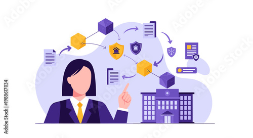 A professional woman in a blazer points toward a network of yellow and dark purple blocks linked to house shields in a clean office with purple tones.