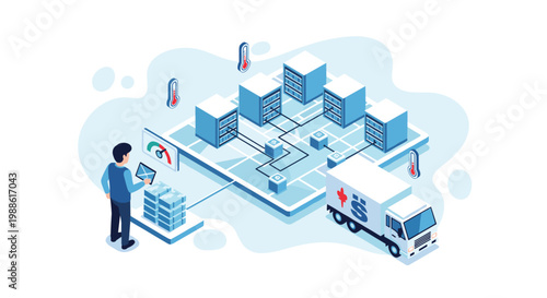 A technician uses a digital tablet to manage server racks and a delivery truck on a map in a clean isometric environment with soft blue color palettes.