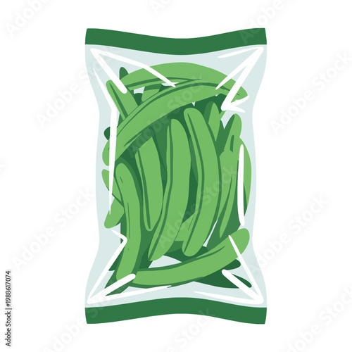 Flat vector illustration of fresh green snap peas or string beans in a transparent plastic vacuum sealed bag isolated on white background