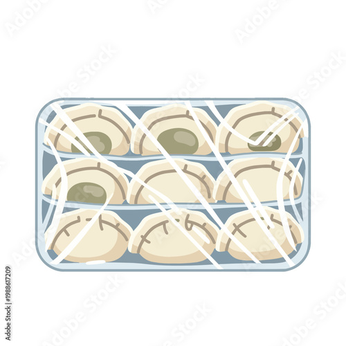 Vector Illustration of Frozen Gyoza Dumplings in a Plastic Packaging Tray Wrapped with Cling Film Isolated on White Background for Food Industry and Supermarket Design