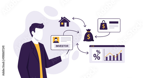 An ambitious investor gestures toward a strategic flow chart connecting real estate assets, capital growth, and digital market performance analytics trends.