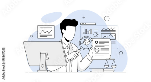 A meticulous professional analyst inspects detailed financial documents using a magnifying glass while working at a computer with complex data dashboards.