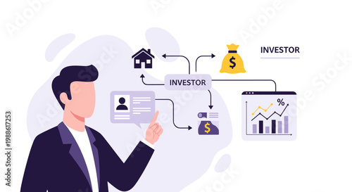 A professional investor indicates a complex diagram linking personal identity profiles to real estate investments and financial market performance indicators.