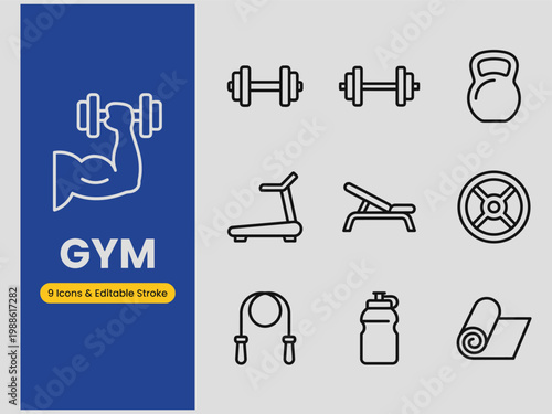 Gym icons set with dumbbells kettlebell treadmill weight plate jump rope water bottle yoga mat  fitness symbols