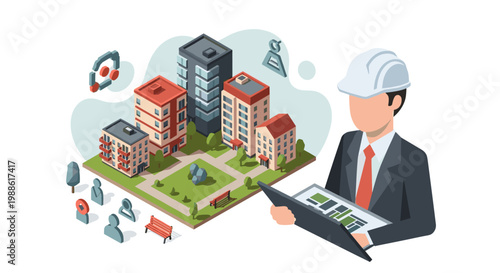 A skilled architect in a white hard hat reviews a digital tablet displaying an intricate isometric city neighborhood map in a bright professional setting.