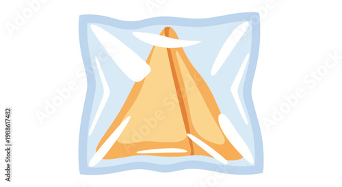 Flat vector illustration of a fortune cookie inside a clear plastic wrapper isolated on a white background for packaging and food design.
