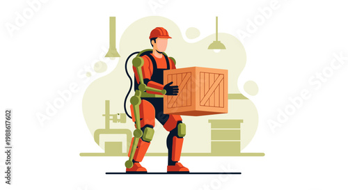 A worker in an industrial setting wears a sophisticated robotic exoskeleton suit to safely lift a heavy wooden crate with ease and improved efficiency.