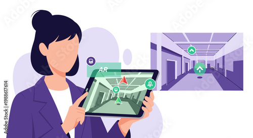 A professional person holds a tablet displaying augmented reality navigation arrows overlaid on a digital view of an indoor building corridor environment.