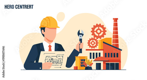 A professional engineer in a yellow hard hat holds a metal wrench and a detailed blueprint before a stylized industrial factory in a warm color palette.