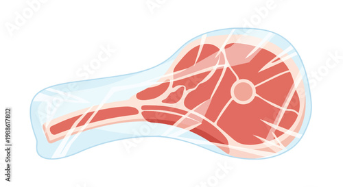 Vector illustration of a raw tomahawk steak or bone-in beef ribeye wrapped in clear plastic film packaging, isolated on a white background for grocery and butcher shop concepts