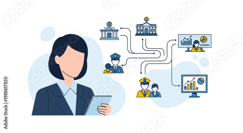 A professional woman in a dark suit holds a tablet while a complex flow chart connects city hall, police, and data monitors in a clean white setting.