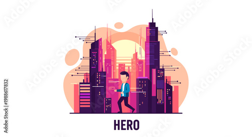 A determined man walks forward through a dense, stylized urban city skyline filled with vibrant purple and orange geometric lines in a modern cityscape.