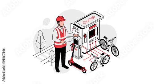 A worker in a safety vest and helmet stands next to an electric vehicle charging station with e-bikes and a scooter in a clean, isometric design style.