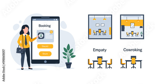 A professional woman in business attire points at a large smartphone screen displaying a booking application next to stylized office interior layout icons.
