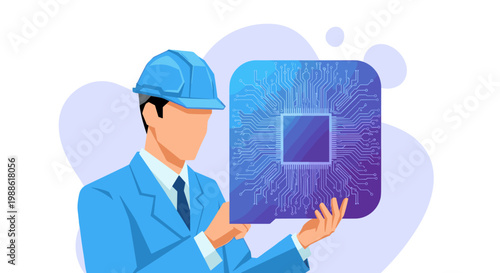 A male engineer wearing a vibrant blue hard hat carefully holds a glowing digital tablet displaying an intricate and complex integrated circuit board.