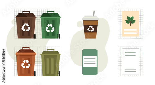 A set of four distinct recycling bins in brown and green shades sits alongside a disposable coffee cup and paper sheets on a clean, organized grid.