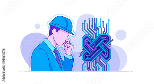 A male engineer wearing a blue hard hat observes a complex and tangled knot of electronic circuitry pathways against a soft and light blue background.