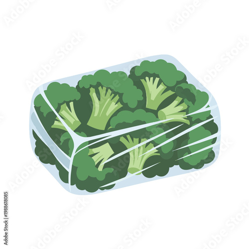 Vector illustration of fresh green broccoli florets wrapped in single-use plastic film packaging, isolated on white background, highlighting food waste and environmental sustainability issues.