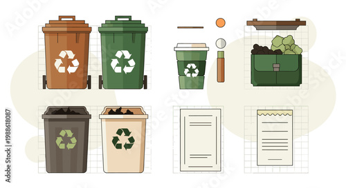 A diverse collection of recycling bins, a disposable coffee cup, and various paper items are neatly arranged on a grid with a neutral color palette.