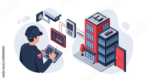 An isometric view of a security guard using a laptop to monitor a modern building connected to a surveillance camera and a digital access control panel.