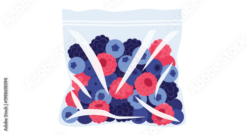 Flat illustration of a clear plastic zip bag filled with fresh mixed berries including raspberries, blueberries, and blackberries, isolated on a white background.